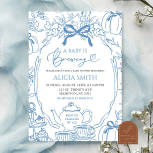 Fall Pumpkin Vintage Blue Toile baby is brewing Invitation