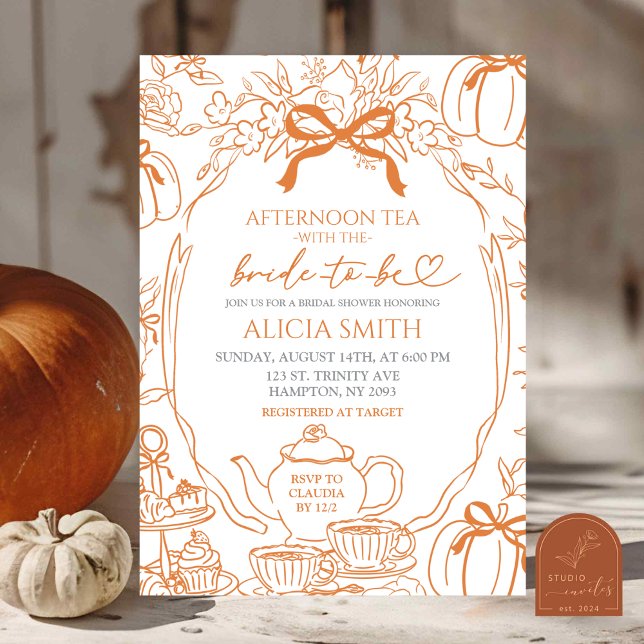  Fall Pumpkin Vintage Orange Bow Toile tea Invitation (Creator Uploaded)