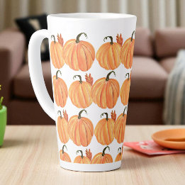 Fall Pumpkin Watercolor Autumn Leaves Pattern Latte Mug