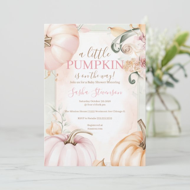 Fall pumpkin watercolor baby shower  invitation (Standing Front)