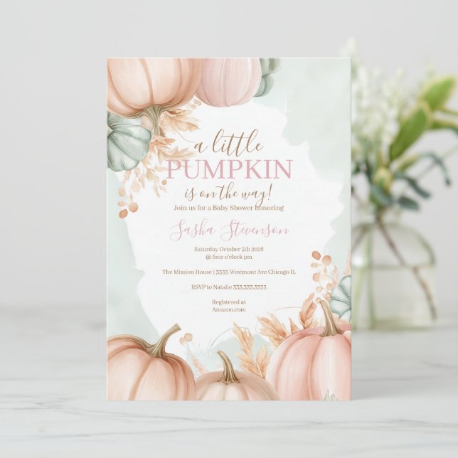 Fall pumpkin watercolor baby shower  invitation (Standing Front)