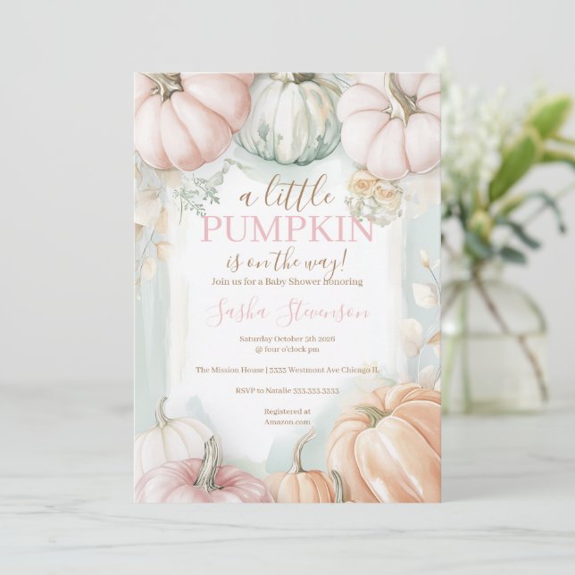 Fall pumpkin watercolor baby shower  invitation (Standing Front)
