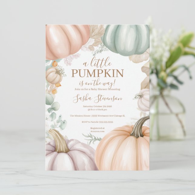 Fall pumpkin watercolor baby shower  invitation (Standing Front)