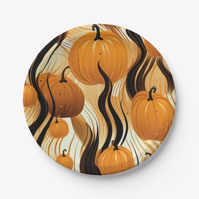 Fall Pumpkin Watercolor Pattern Paper Plate (Front)