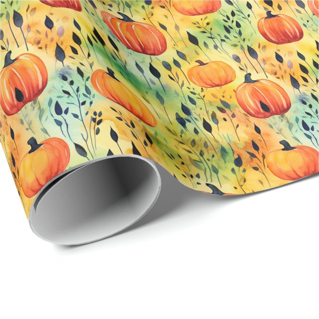 Fall Pumpkin Watercolor Pattern Wrapping Paper (Roll Corner)