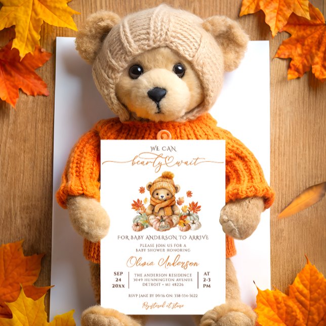 Fall Pumpkin We Can Bearly Wait Baby Shower Invitation (Creator Uploaded)