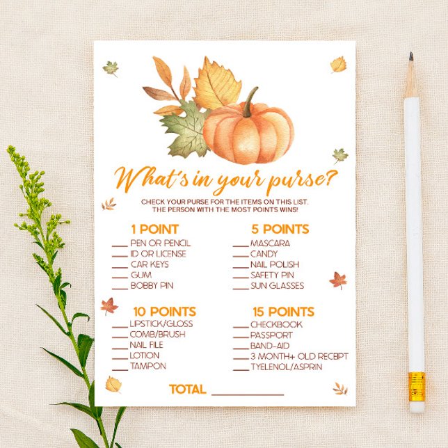 Fall Pumpkin What's In Purse Baby Shower Game Stationery (Creator Uploaded)
