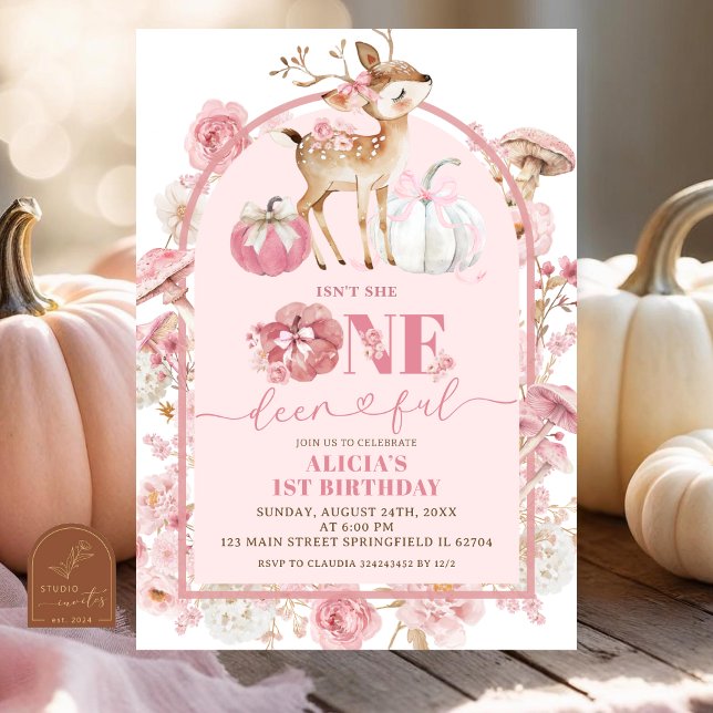 Fall Pumpkin White and Pink Onedeerful Birthday Invitation (Creator Uploaded)