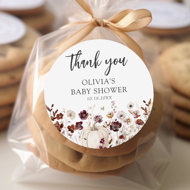 Fall Pumpkin Wildflower Baby Shower Classic Round Sticker (Creator Uploaded)