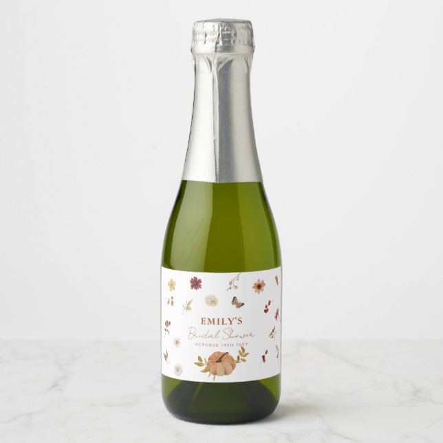 Fall Pumpkin Wildflower Bridal Shower Sparkling Wine Label (Front)