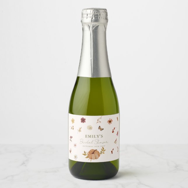 Fall Pumpkin Wildflower Bridal Shower Sparkling Wine Label (Front)