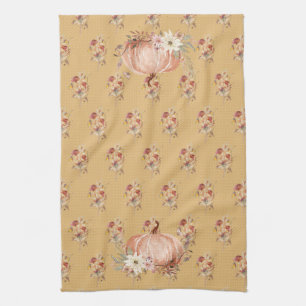 Fall Pumpkin Wildflower Floral Mustard Polka Dot  Tea Towel