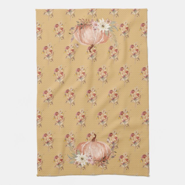Fall Pumpkin Wildflower Floral Mustard Polka Dot  Tea Towel (Vertical)