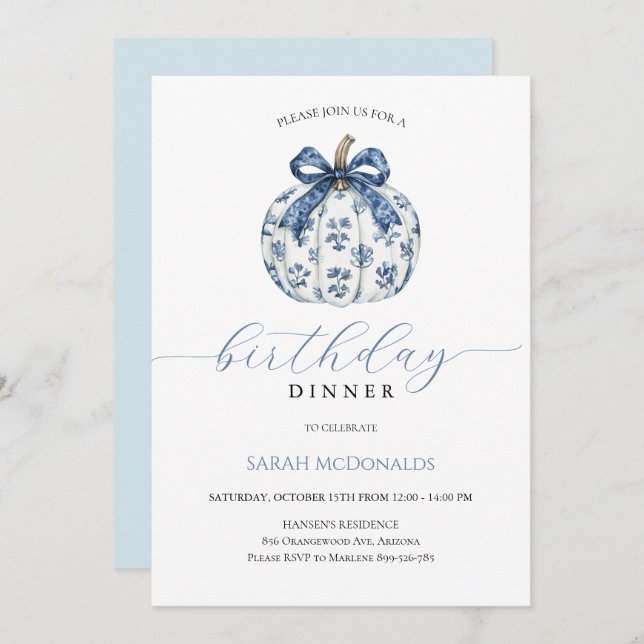 Fall Pumpkin Woman Birthday Dinner Invitation (Front/Back)