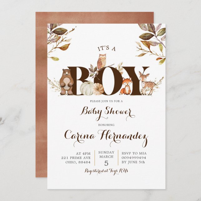 Fall Pumpkin Woodland Boy Baby Shower Invitation (Front/Back)