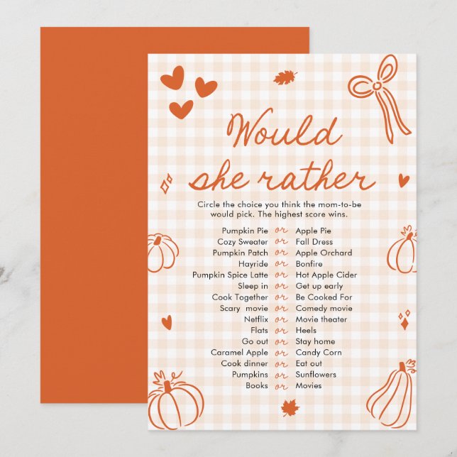 Fall Pumpkin Would She Rather Baby Shower Game Invitation (Front/Back)