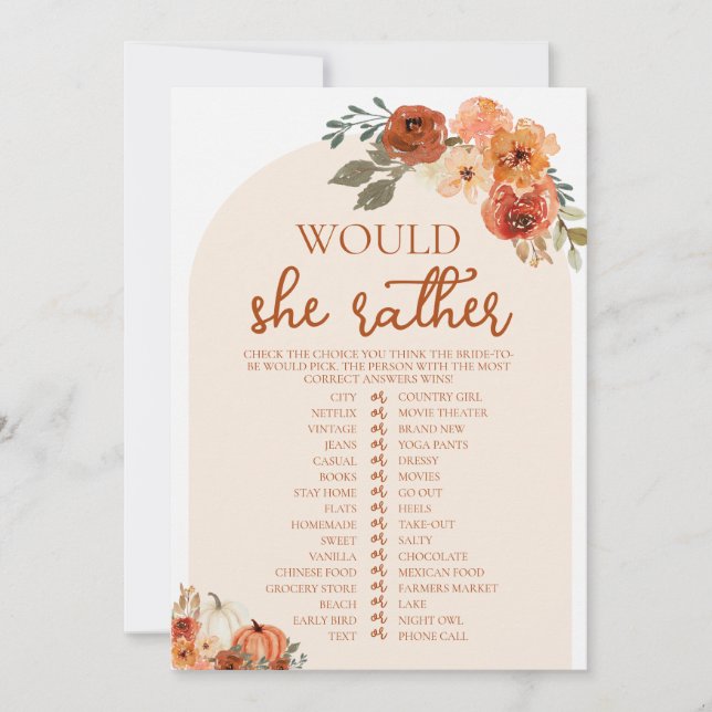 Fall Pumpkin Would She Rather Bridal Shower Game Invitation (Front)