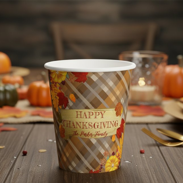 Fall Pumpkins and Foliage on Plaid Thanksgiving Paper Cups (Creator Uploaded)