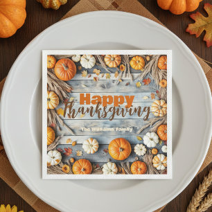 Fall Pumpkins and Leaves on Wood Thanksgiving Napkin