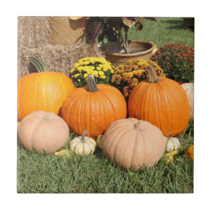 Fall Pumpkins and Mums Photo Ceramic Tile