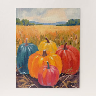 Fall Pumpkins Autumn Landscape Watercolor Art Jigsaw Puzzle
