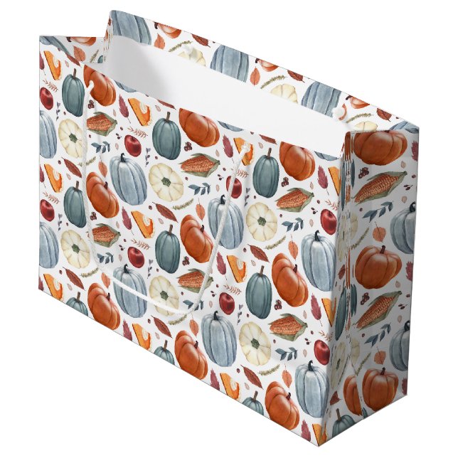 Fall Pumpkins & Autumn Leaves Pattern Large Gift Bag (Front Angled)