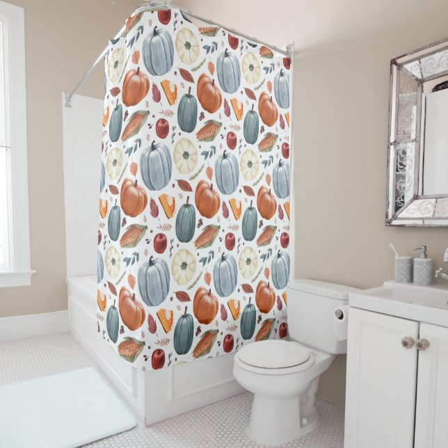 Fall Pumpkins & Autumn Leaves Pattern Shower Curtain (In Situ)