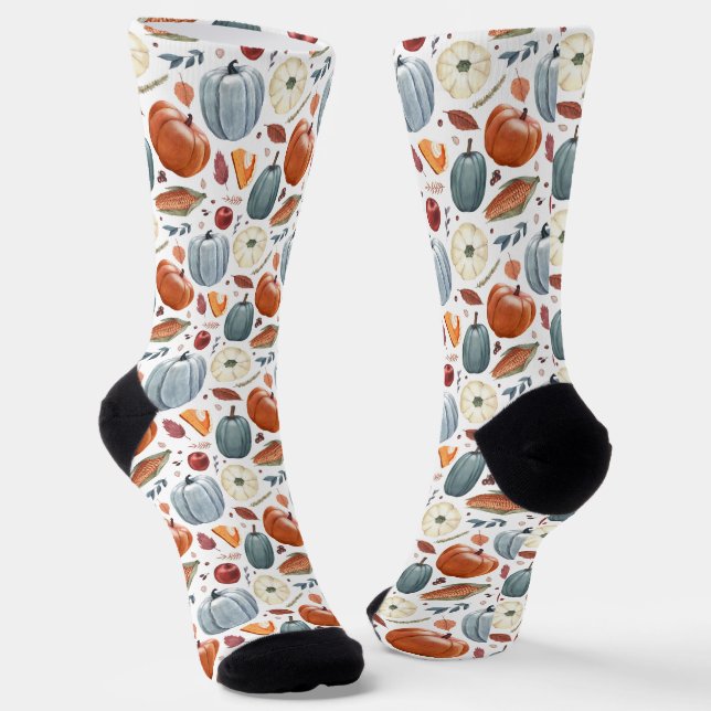 Fall Pumpkins & Autumn Leaves Pattern Socks (Angled)