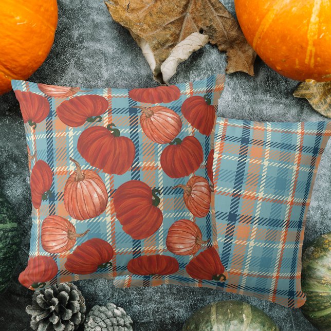 Fall pumpkins blue and orange plaid pattern cushion (Creator Uploaded)