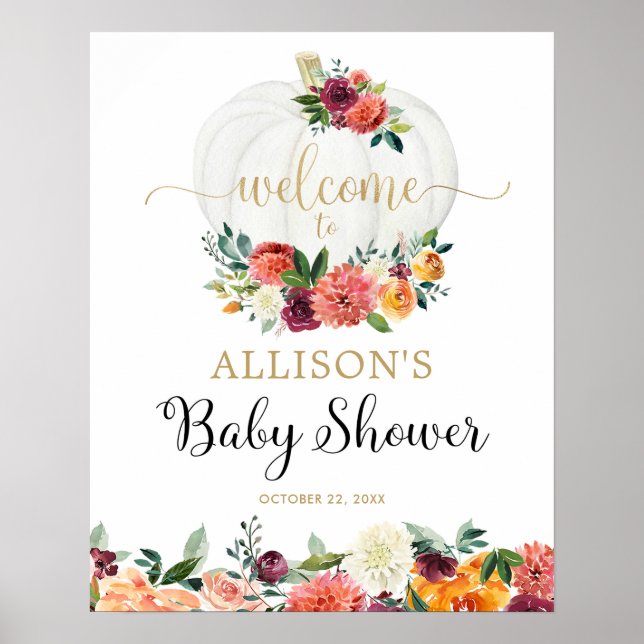Fall pumpkins burgundy floral baby shower welcome poster (Front)