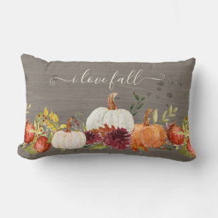 Fall Pumpkins Burgundy Floral Country Grey Wood Lumbar Cushion