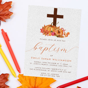 Fall Pumpkins & Cross Baby Baptism Invitation