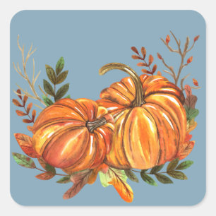 Fall Pumpkins Dusty Blue Square Sticker