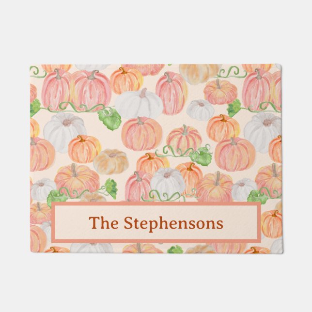 Fall pumpkins family last name custom welcome doormat (Front)