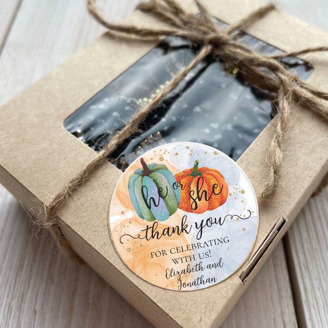 Fall Pumpkins He or She Gender Reveal Thank You Classic Round Sticker (Creator Uploaded)