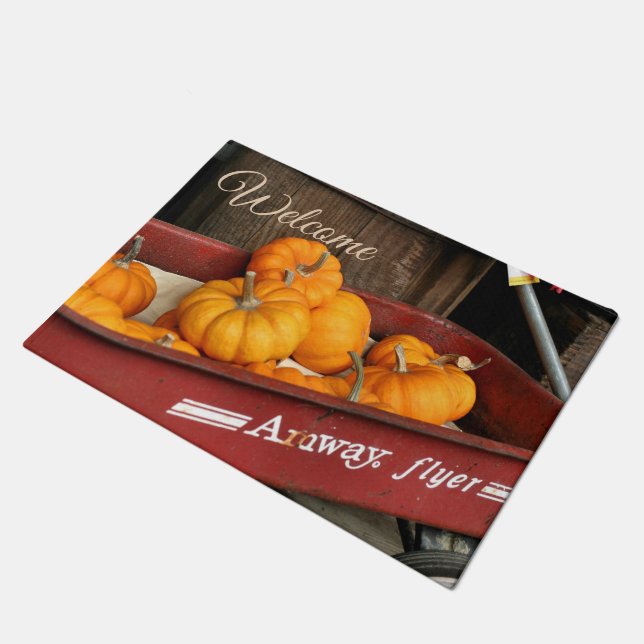 Fall Pumpkins In Old Red Wagon Welcome Doormat (Angled)