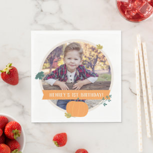 Fall Pumpkins & Leaves Photo Birthday Party Napkin