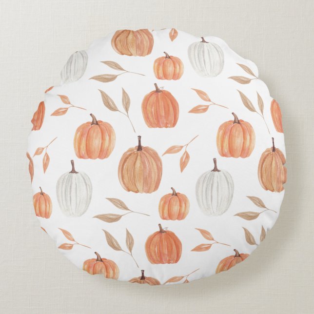 Fall Pumpkins & Leaves Round Cushion (Front)