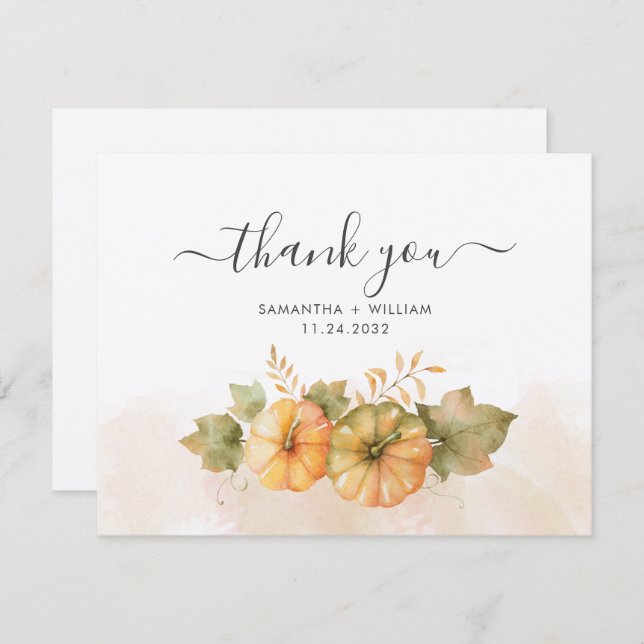 Fall Pumpkins Leaves Wedding Thank You Card (Front/Back)