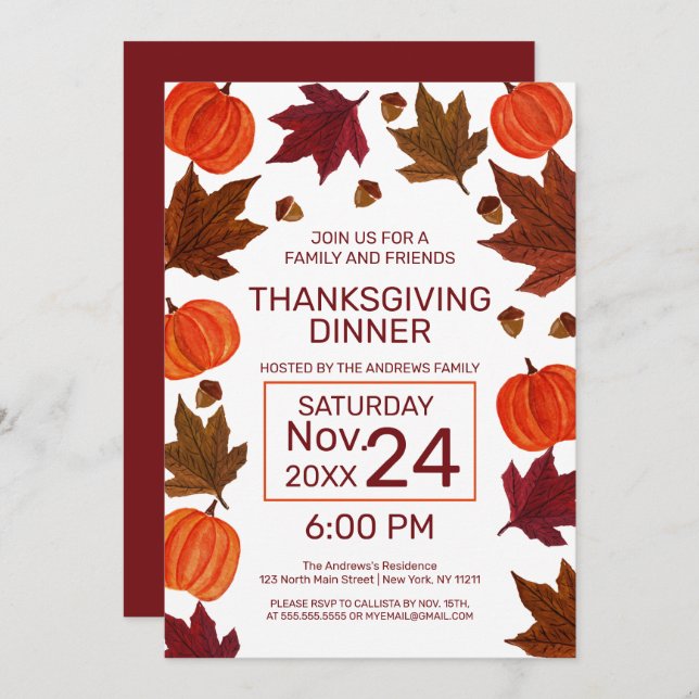Fall Pumpkins Maple Leaves Watercolor Thanksgiving Invitation (Front/Back)