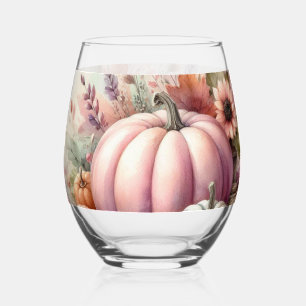 Fall pumpkins pastel colours watercolor painting stemless wine glass