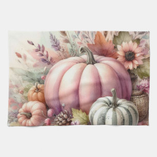 Fall pumpkins pastel colours watercolor painting tea towel