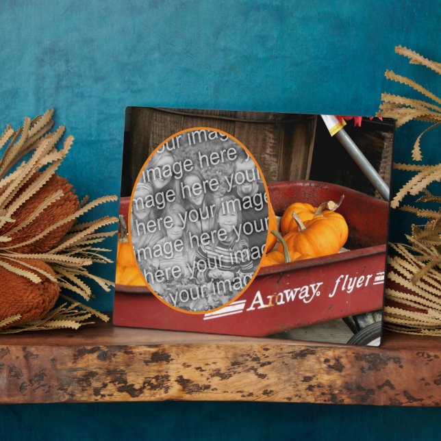 Fall Pumpkins Red Wagon Add Your Own Photo Plaque (Side)