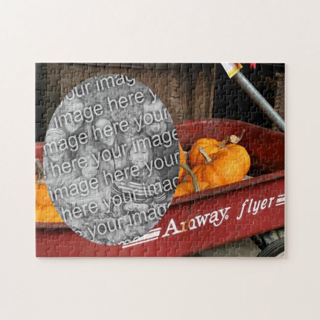 Fall Pumpkins Red Wagon Add Your Photo Jigsaw Puzzle (Horizontal)