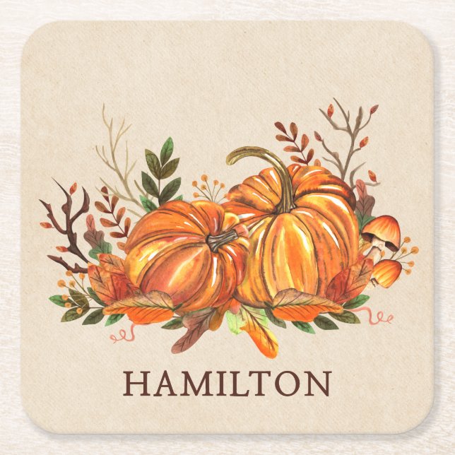 Fall Pumpkins Square Paper Coaster (Front)