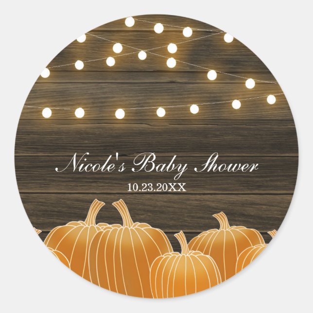 Fall Pumpkins & String Lights Rustic Bridal Shower Classic Round Sticker (Front)