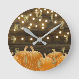 Fall Pumpkins & String Lights Rustic Personalised Round Clock