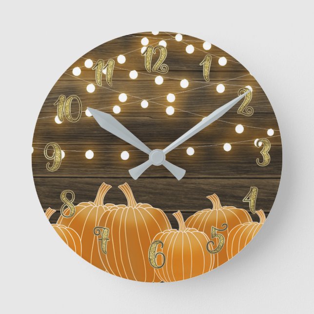 Fall Pumpkins & String Lights Rustic Personalised Round Clock (Front)