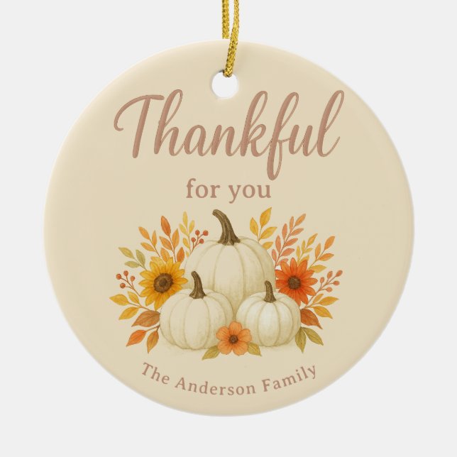 Fall Pumpkins & Sunflowers | Elegant Thanksgiving Ceramic Ornament (Front)