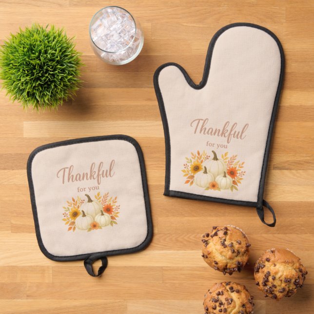 Fall Pumpkins & Sunflowers | Elegant Thanksgiving Oven Mitt & Pot Holder Set (Top Down)